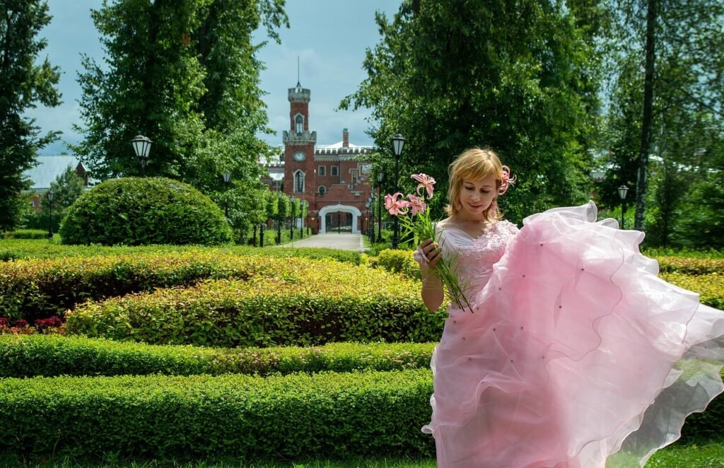 woman, pink dress, bride, wedding dress, quinceanera dresses, garden, fantasy, ball gown, castle, oldenburg palace, ramon, voronezh, renaissance, ball, a princess, old, cinderella, story, wedding, triumph, holiday, pink, romance, landscape design